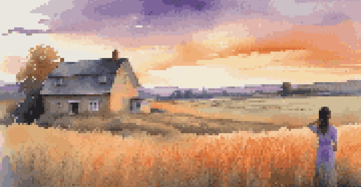 A young woman standing in a wheat field at sunset, looking contemplative.