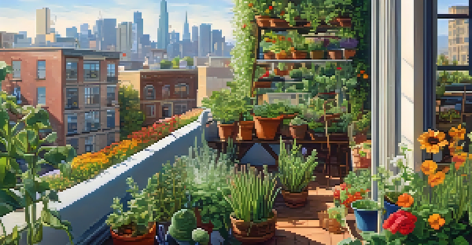 A colorful balcony garden with flowers, herbs, and vegetables, illuminated by sunlight, with bees and butterflies among the plants and a city skyline in the background.