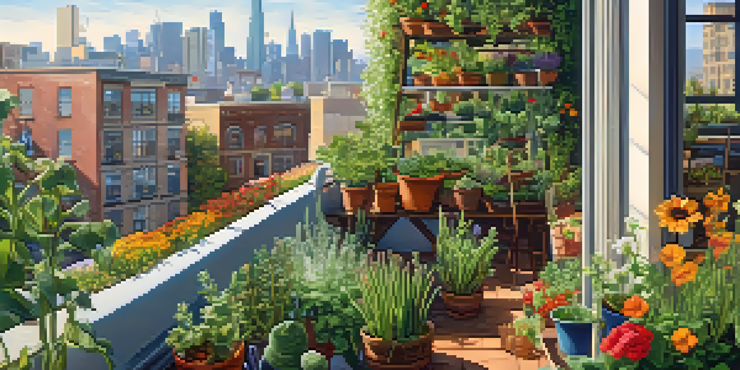 A colorful balcony garden with flowers, herbs, and vegetables, illuminated by sunlight, with bees and butterflies among the plants and a city skyline in the background.