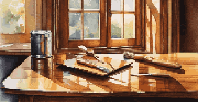 A close-up view of a glossy wooden tabletop in sunlight, with visible grain patterns and nearby woodworking tools.