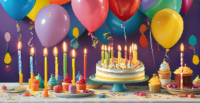 A table decorated with colorful handmade birthday candles in fun shapes, surrounded by balloons and confetti, illuminated by warm lighting.