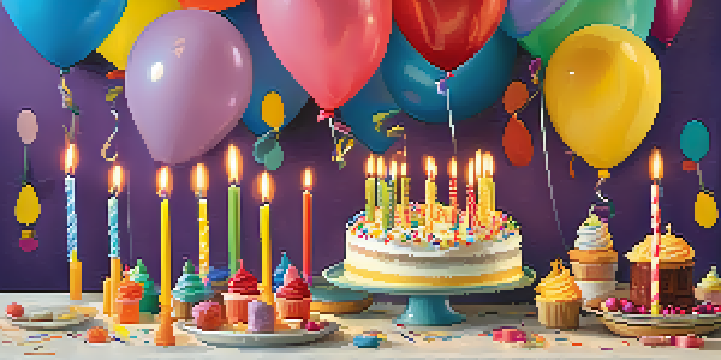 A table decorated with colorful handmade birthday candles in fun shapes, surrounded by balloons and confetti, illuminated by warm lighting.