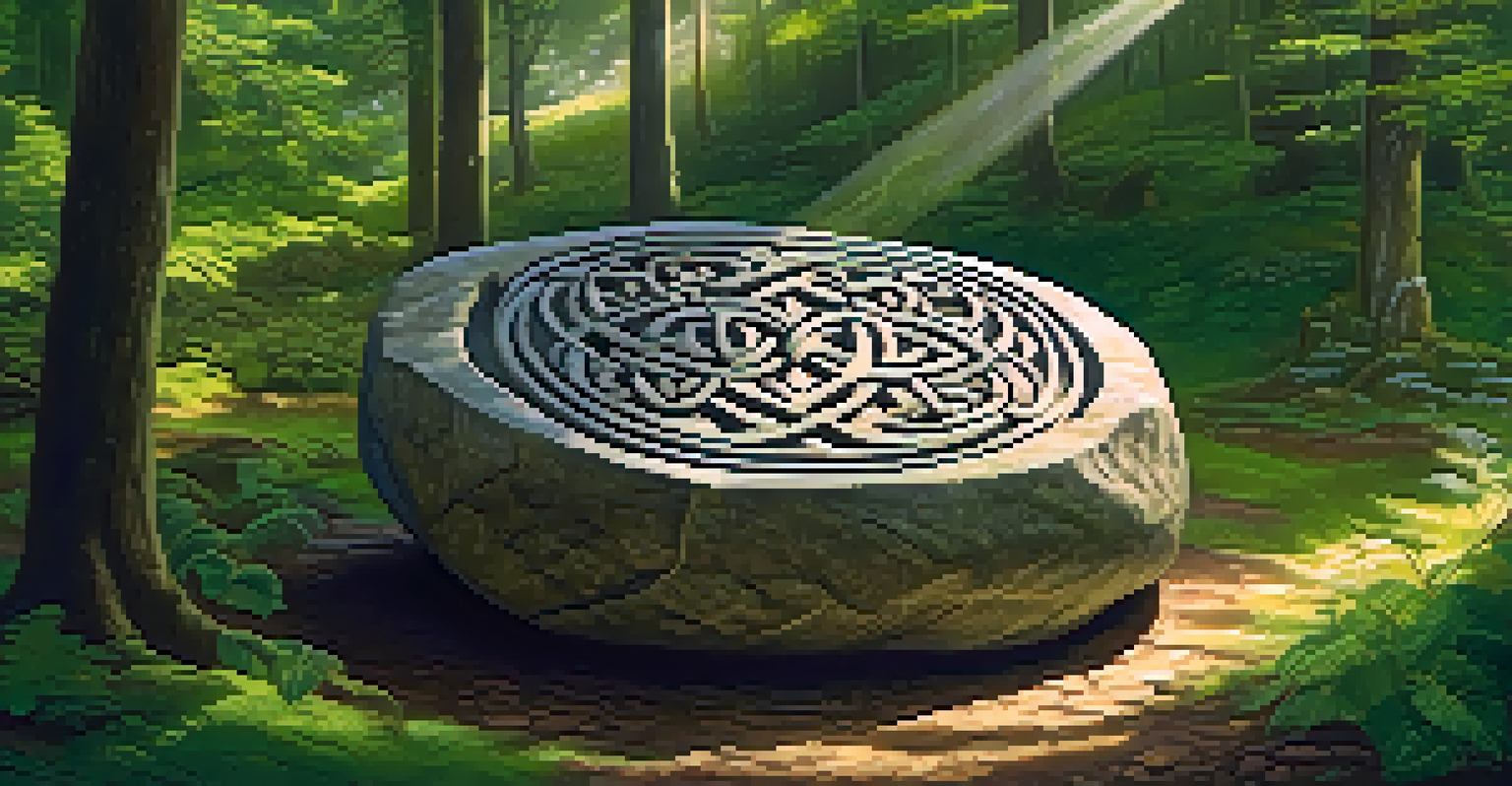 An ancient stone with the Tree of Life symbol carved into it, surrounded by a lush green forest with sunlight filtering through the trees.