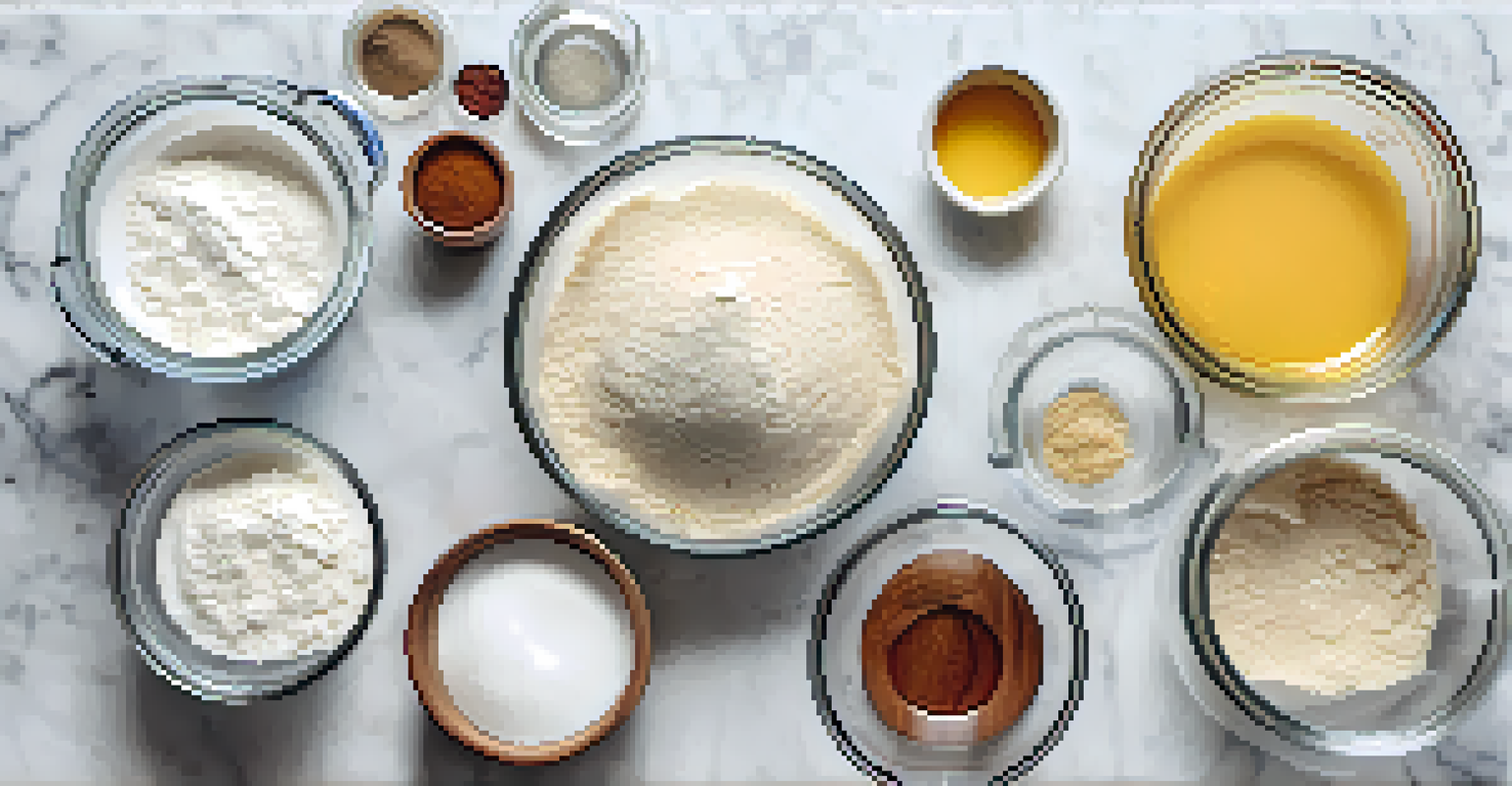 An overhead view of flour, water, yeast, and salt in glass containers on a marble countertop, with mixed dough and a wooden spoon.