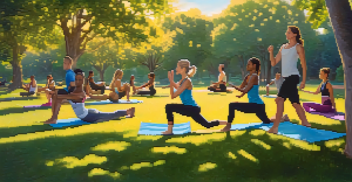 A diverse group of individuals exercising outdoors during golden hour, surrounded by trees and a clear sky.