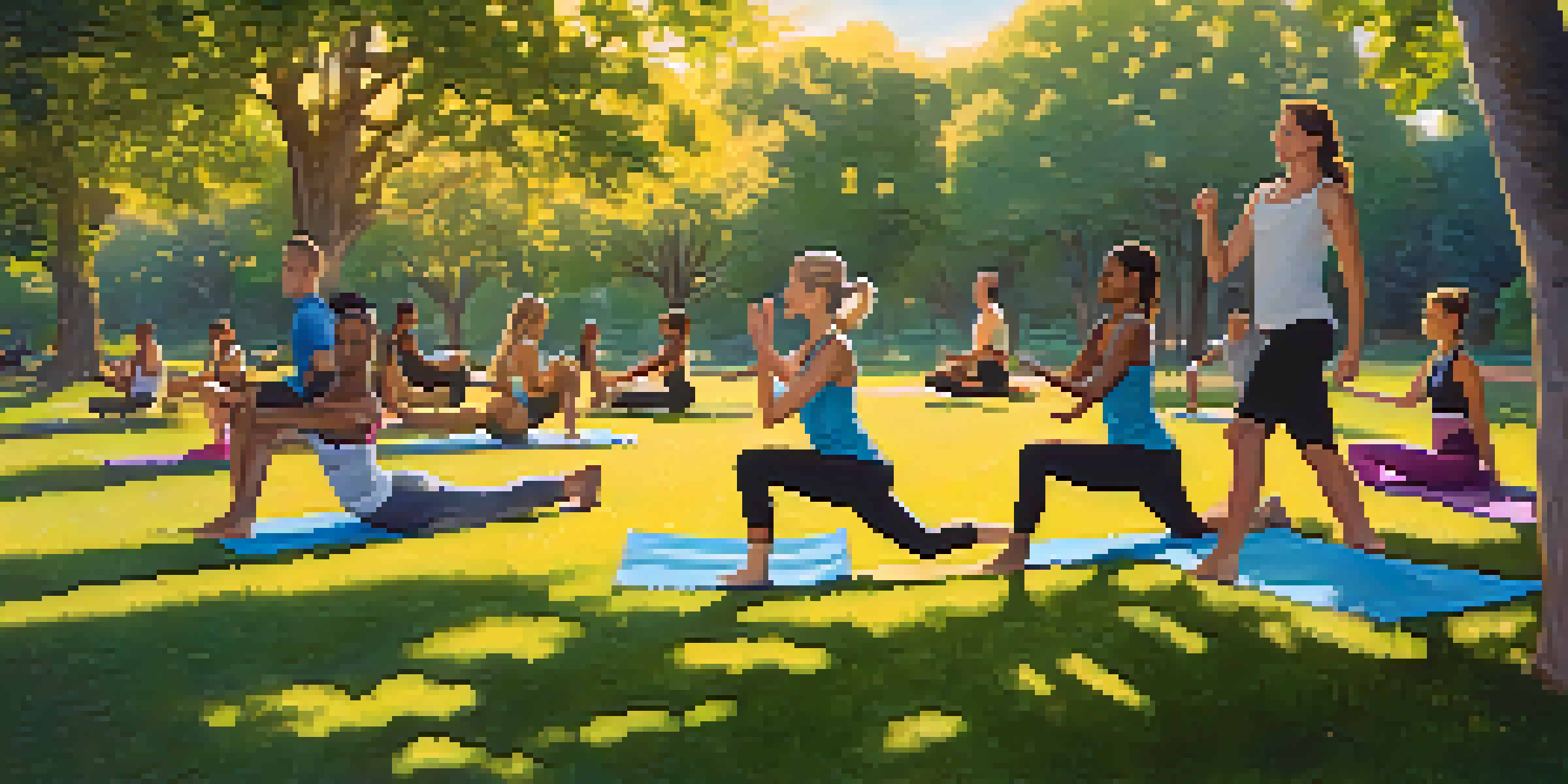 A diverse group of individuals exercising outdoors during golden hour, surrounded by trees and a clear sky.
