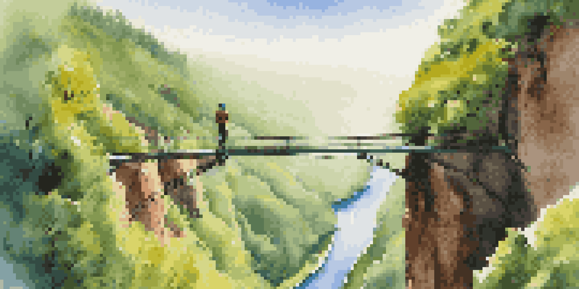 A jumper on a bungee jumping platform overlooking a scenic landscape with a river and trees under a clear blue sky.