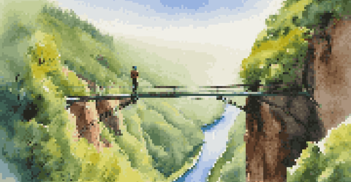 A jumper on a bungee jumping platform overlooking a scenic landscape with a river and trees under a clear blue sky.