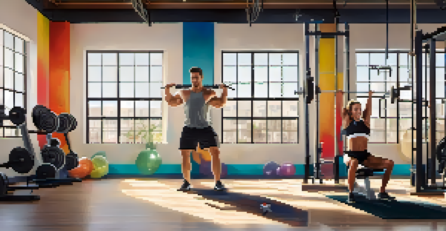 Two friends supporting each other in a bright gym, one lifting weights while the other cheers them on.