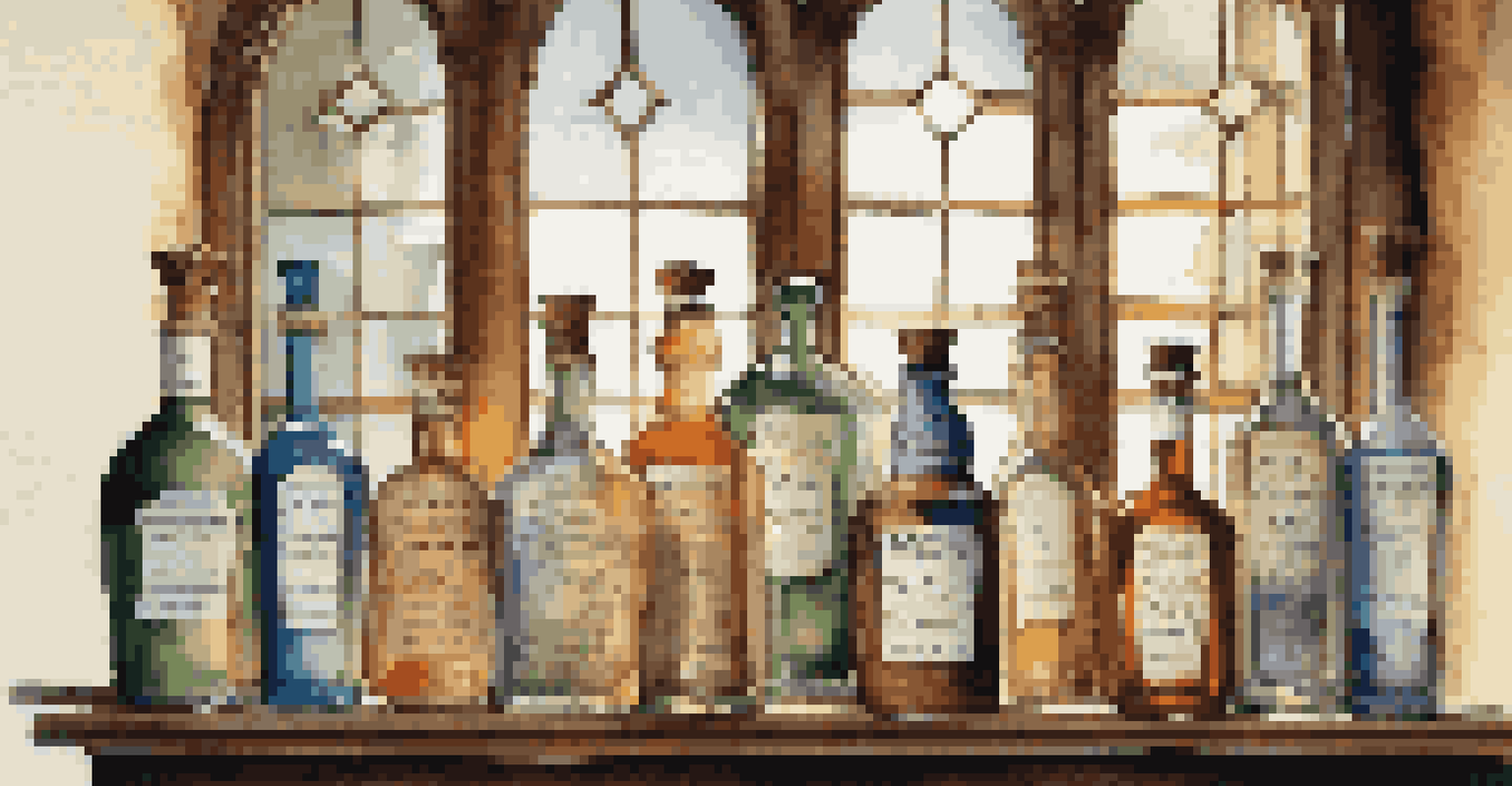 An artistic display of various uniquely shaped glass bottles filled with colorful spirits on a rustic shelf, illuminated by natural light.