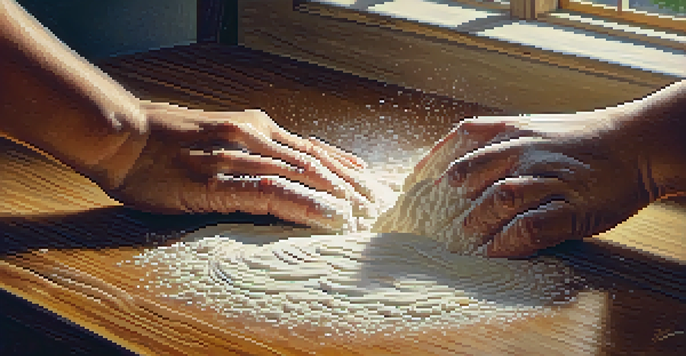 Close-up of hands kneading soft dough on a wooden countertop, surrounded by flour, with warm natural light.