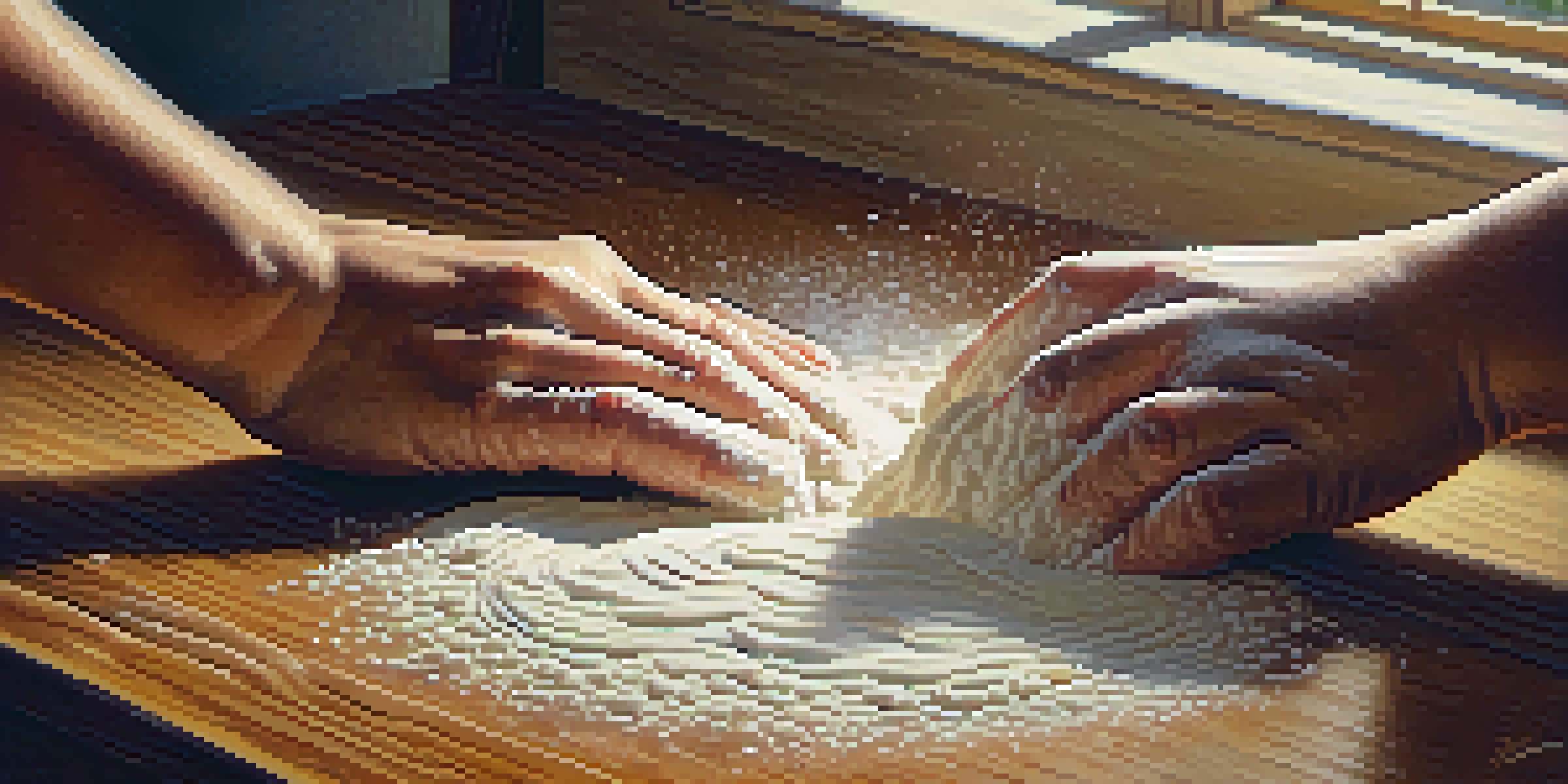 Close-up of hands kneading soft dough on a wooden countertop, surrounded by flour, with warm natural light.