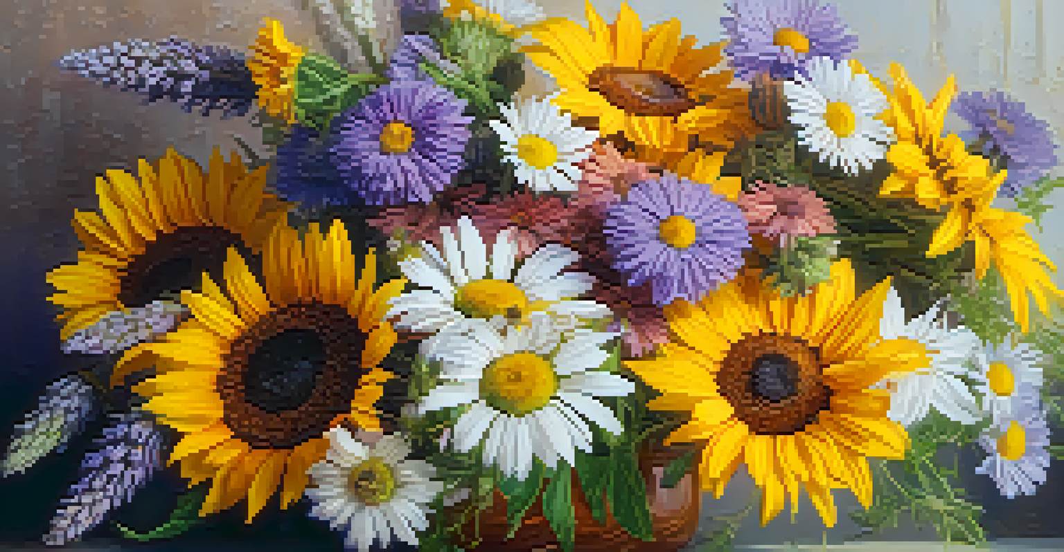 A close-up of a colorful bouquet of wildflowers with soft lighting highlighting the petals.