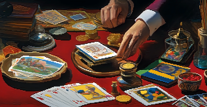 A magician performing a card trick at a colorful workspace filled with various props like cards, coins, and scarves under warm lighting.