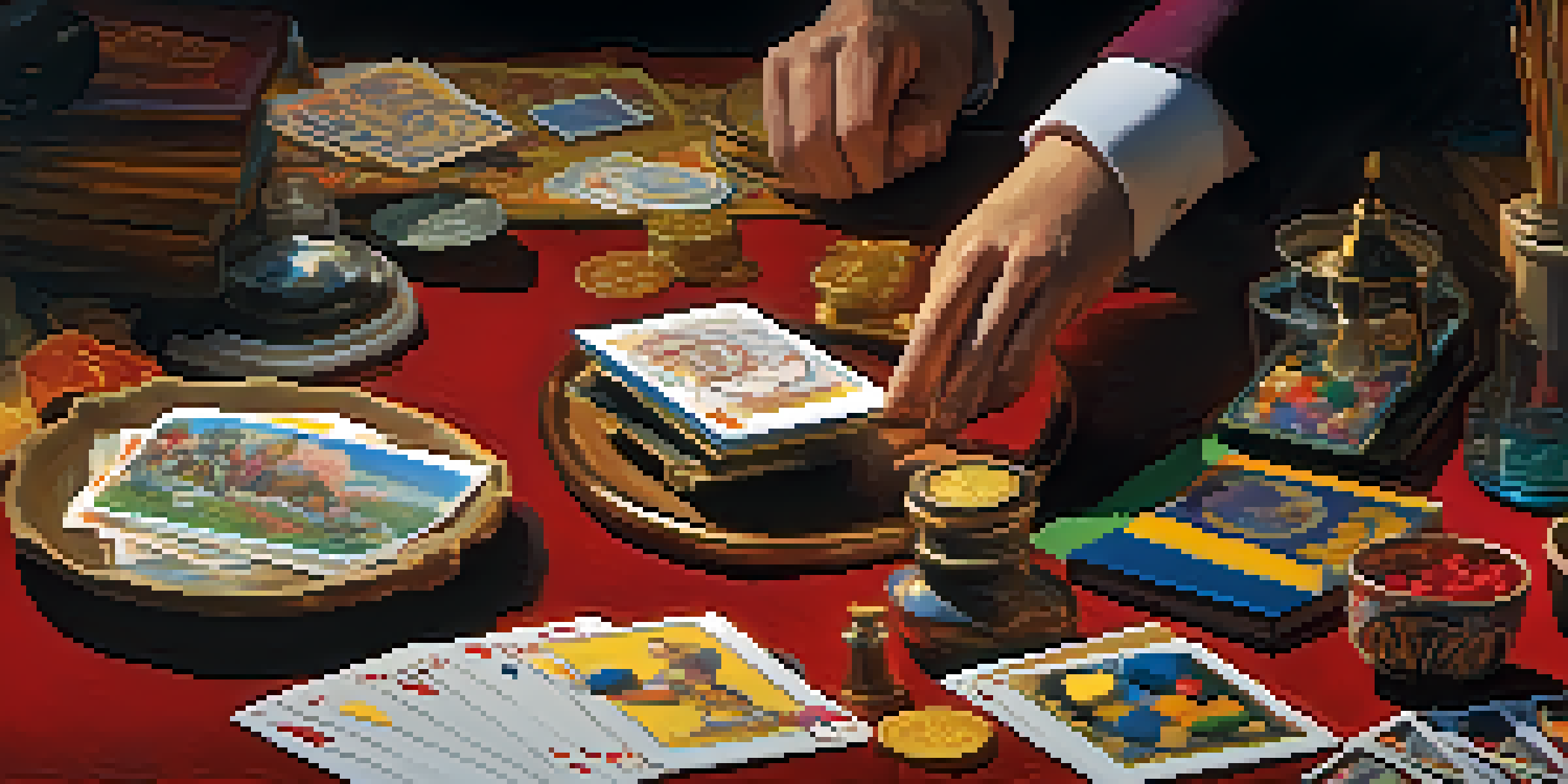 A magician performing a card trick at a colorful workspace filled with various props like cards, coins, and scarves under warm lighting.