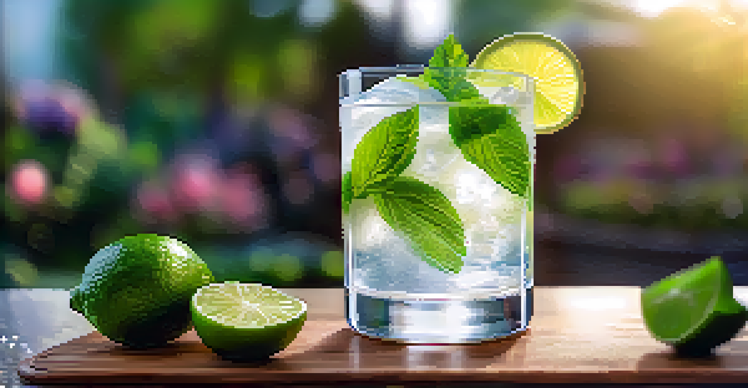A gin and tonic cocktail in a highball glass with lime and mint in a garden setting.