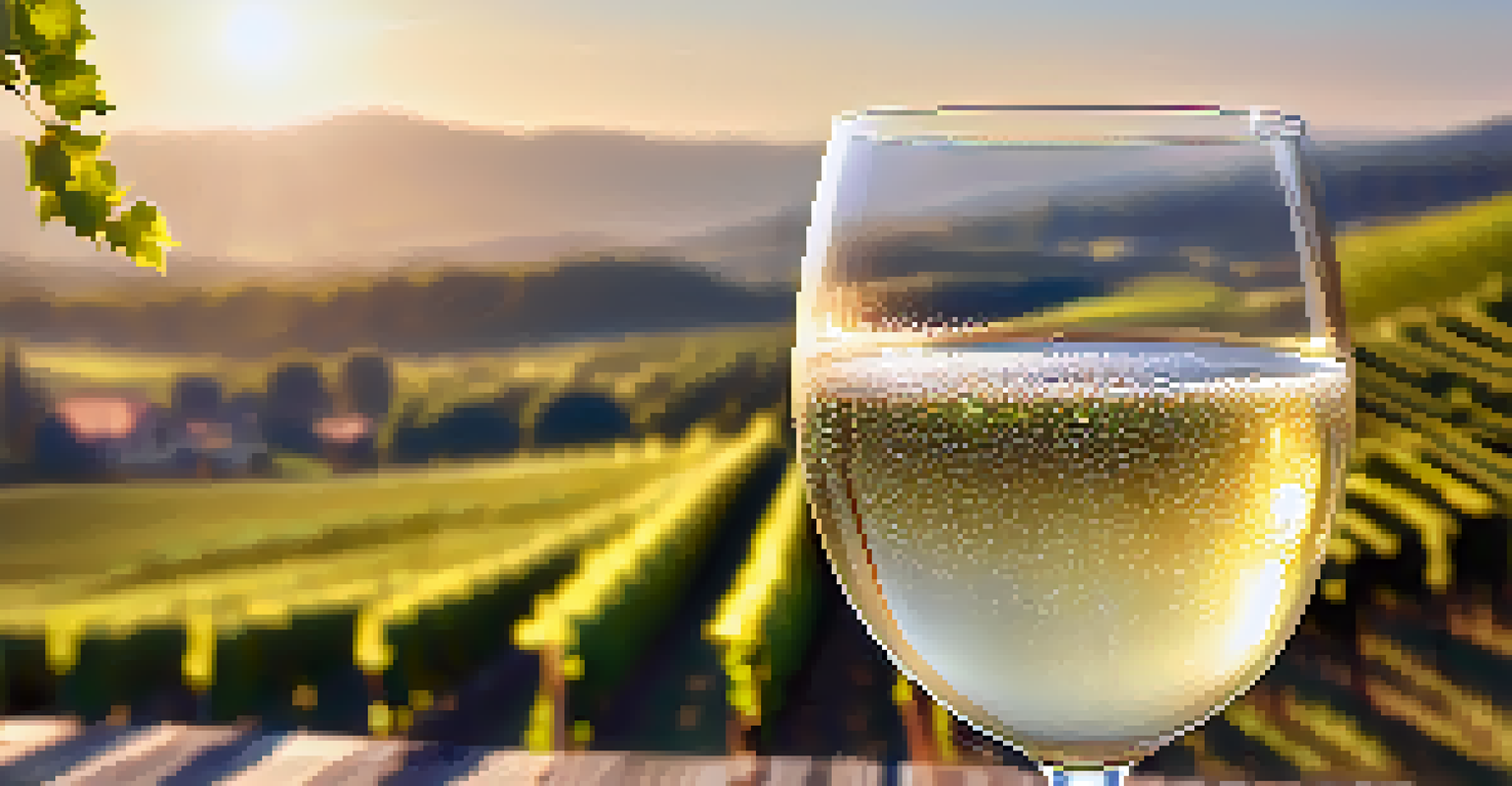 A close-up of a glass of sparkling Prosecco with bubbles, set in a vineyard background during bright sunlight.