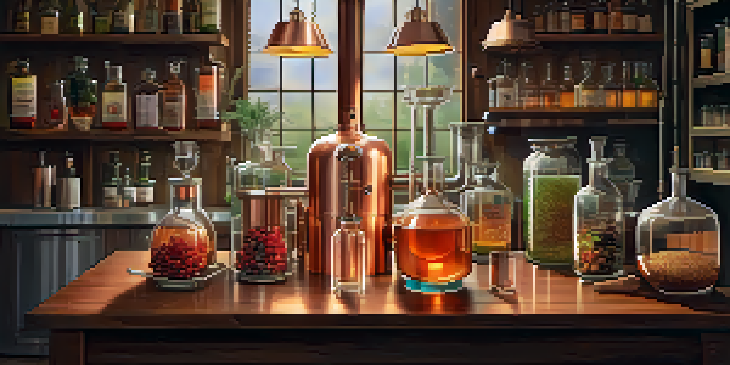 A cozy home distillery setup featuring a copper still, glass jars with ingredients, and testing tools on a wooden table under warm lighting.
