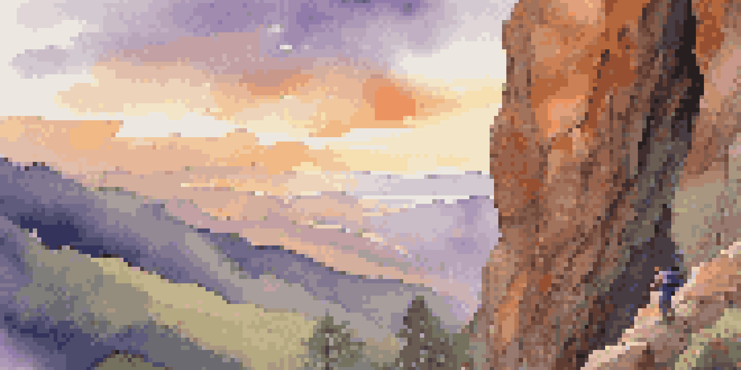 A climber scaling a rocky cliff at sunset, surrounded by mountains and greenery, with a colorful sky.