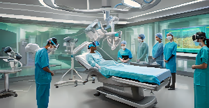 A group of medical professionals using virtual reality in a simulated surgical training session, demonstrating teamwork and focus in a modern operating room.