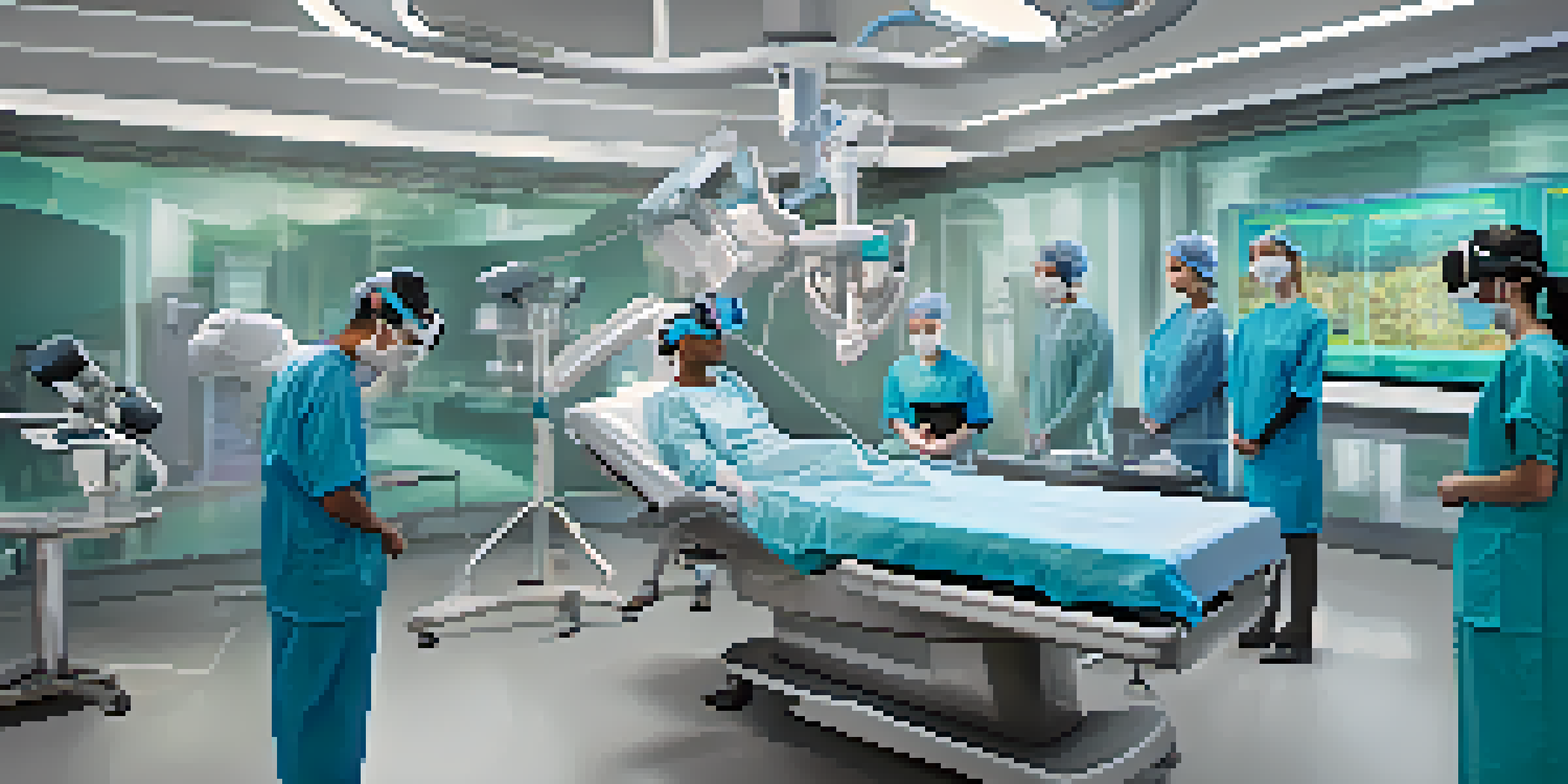 A group of medical professionals using virtual reality in a simulated surgical training session, demonstrating teamwork and focus in a modern operating room.