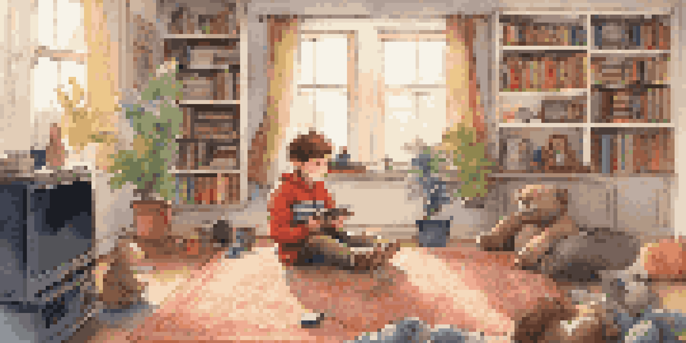 A child playing video games in a cozy living room with toys and books around.