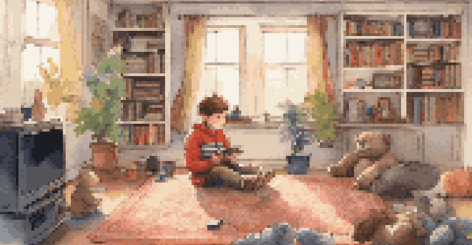 A child playing video games in a cozy living room with toys and books around.