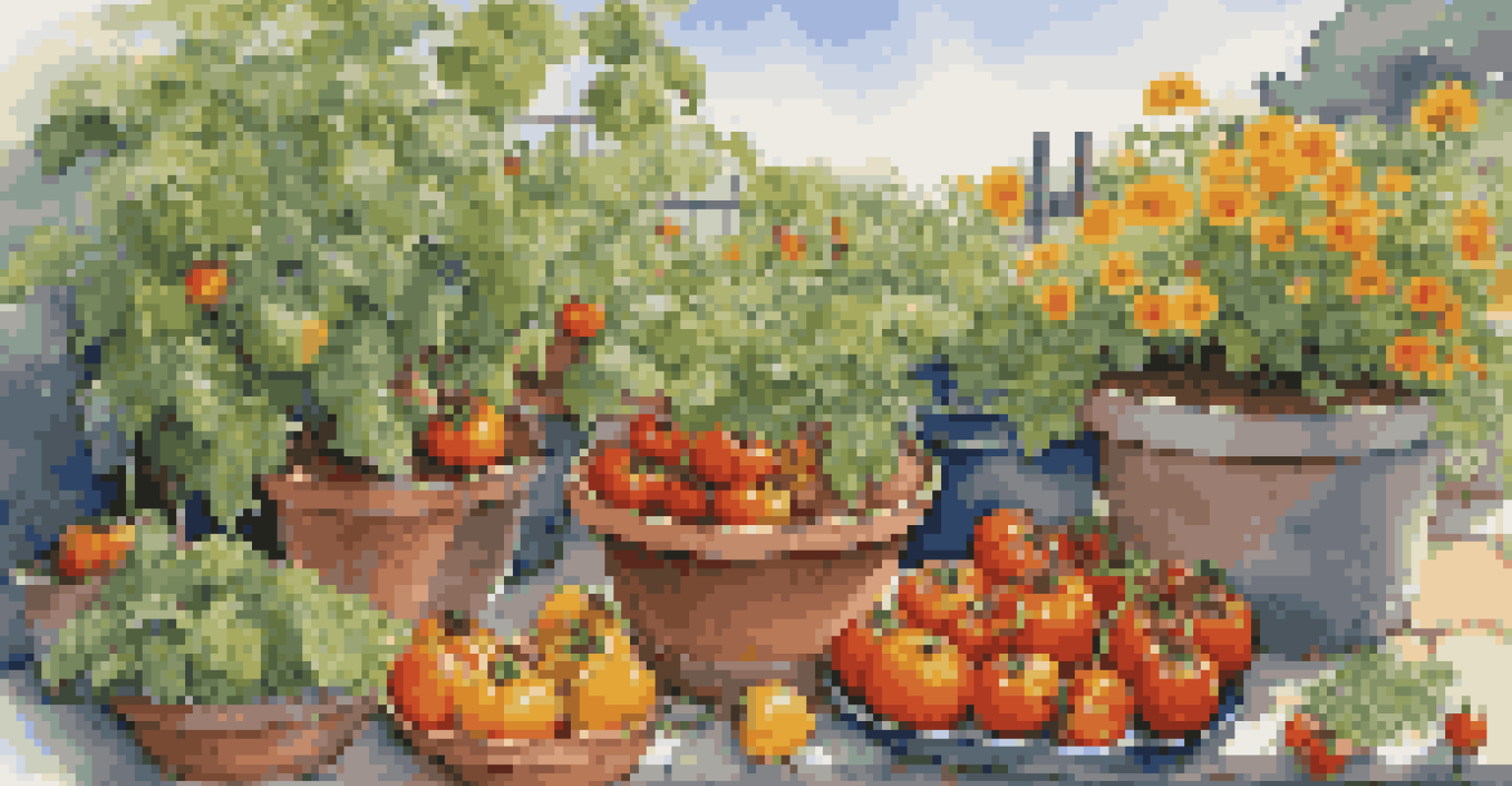 A container garden displaying tomato and pepper plants in large pots, with marigolds nearby, under a clear blue sky.
