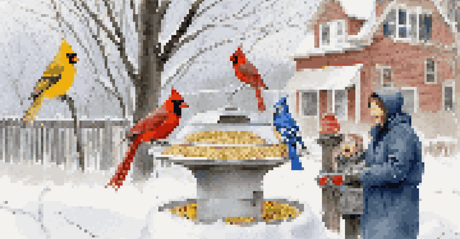 A family watching colorful birds at a feeder on a snowy winter day, with cardinals and blue jays amidst a white snowy background.