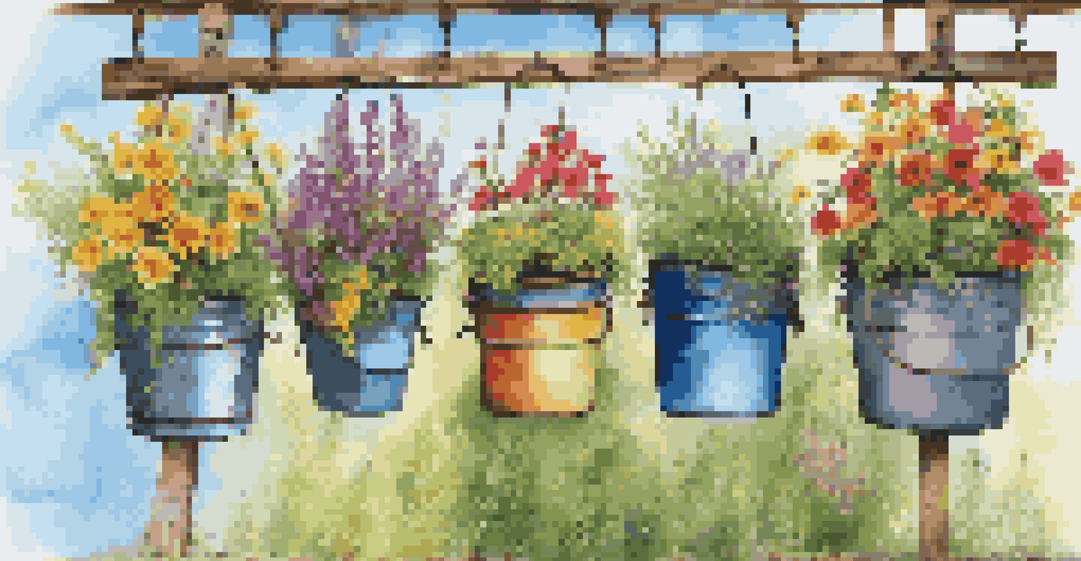Colorful hanging buckets filled with flowers and herbs, suspended from a wooden beam against a blue sky.