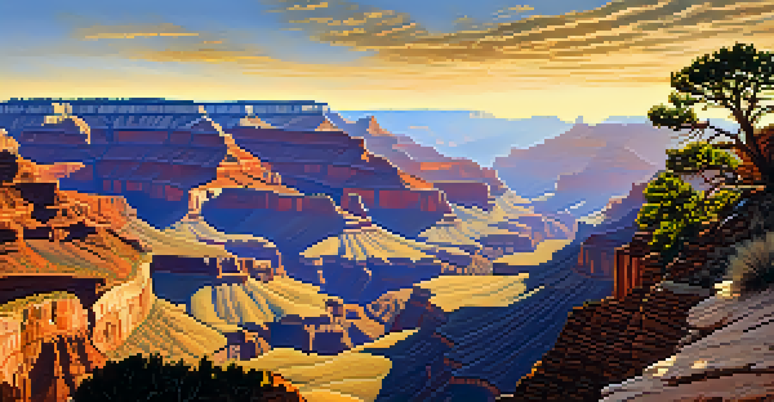 A panoramic view of the Grand Canyon showcasing its vast layers of rock and a sunset.