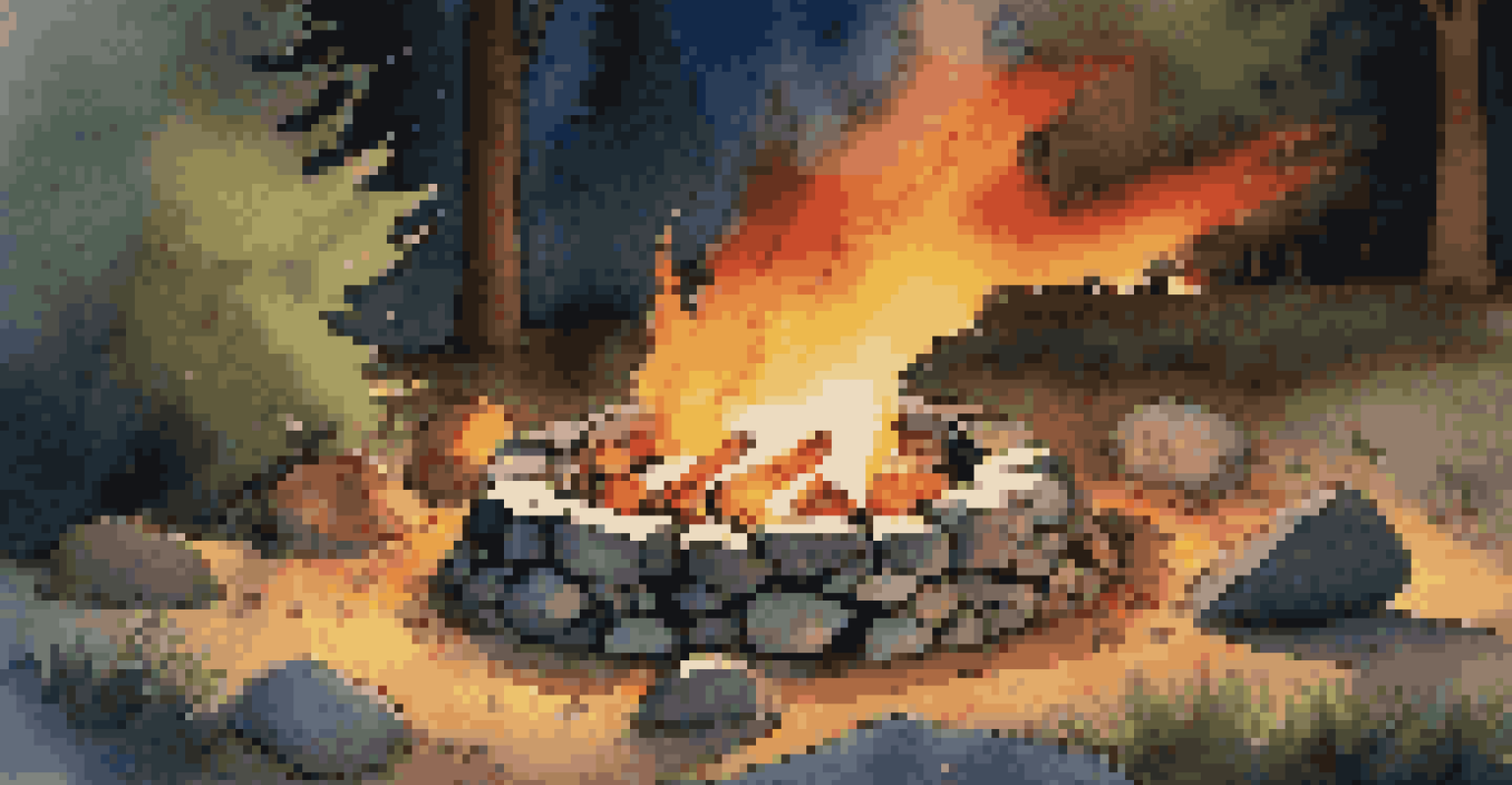 A bright campfire in an outdoor fire pit at night, surrounded by rocks and camping gear.