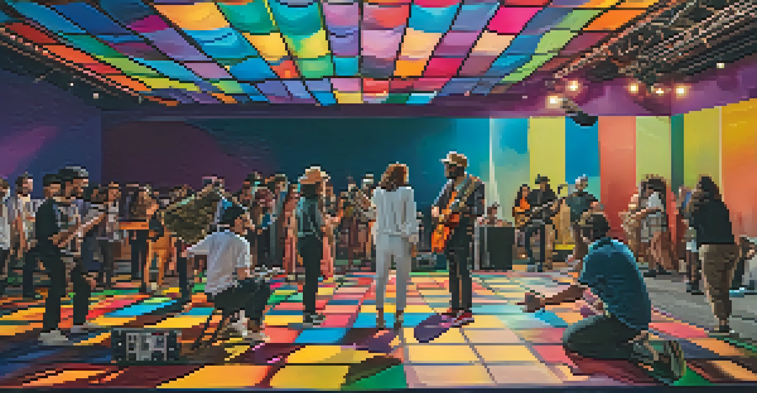 An outdoor music video shoot featuring musicians collaborating with visual artists, vibrant backdrops, and dancers, creating a dynamic artistic atmosphere.