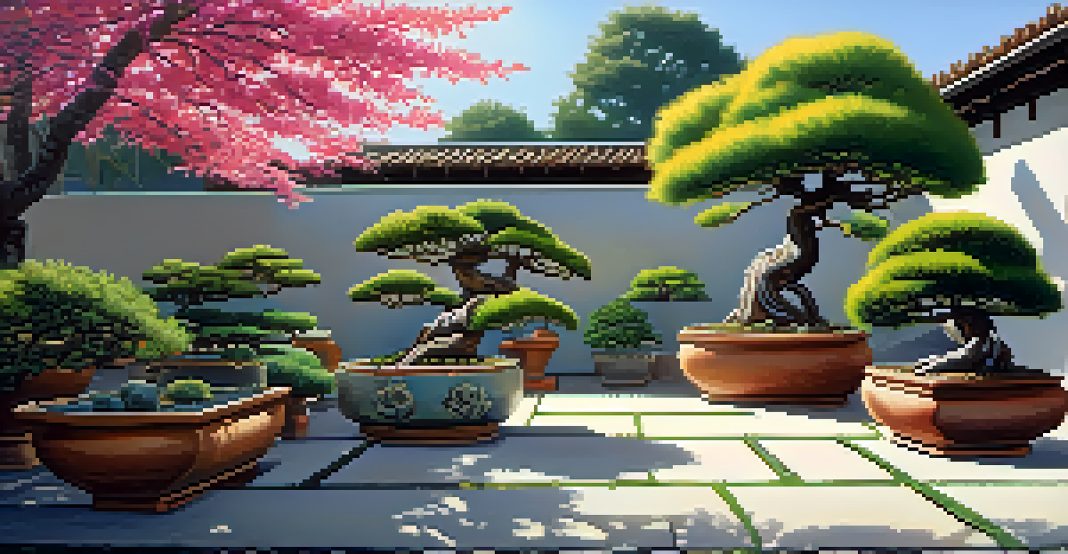 A collection of bonsai trees on a stone patio, surrounded by a colorful garden, with sunlight creating gentle shadows.