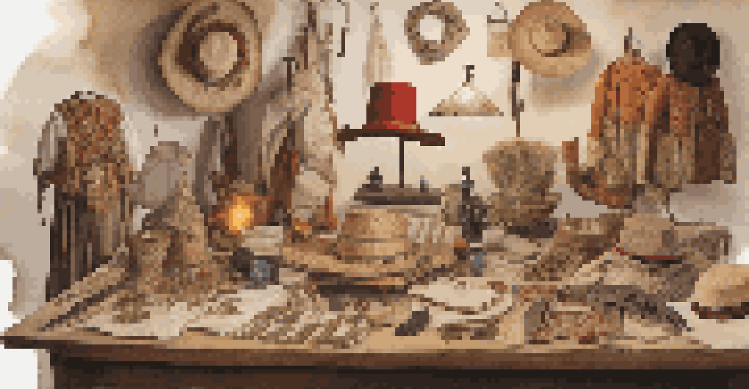 An array of historical costumes and props displayed on a table for a reenactment event.