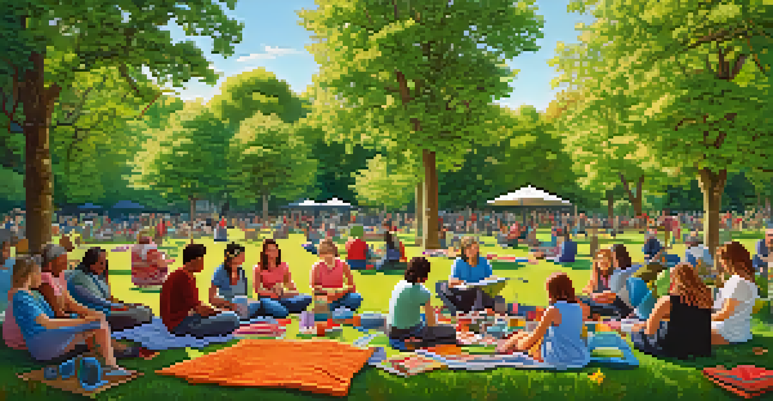 A vibrant knitting circle in a park with diverse people knitting, surrounded by colorful yarn and trees.