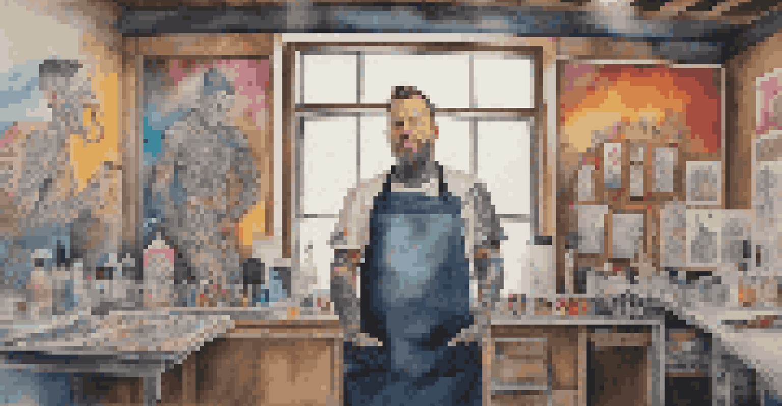 Portrait of a tattoo artist in their studio, wearing an apron and surrounded by tattoo equipment and a colorful mural.