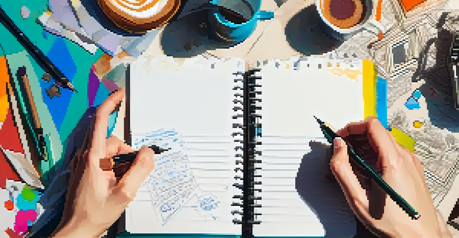 Hands writing on a notepad with colorful stationery and a coffee cup in a creative workspace.