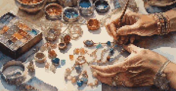 A close-up of hands crafting jewelry, surrounded by colorful beads and tools, with warm lighting highlighting the details.
