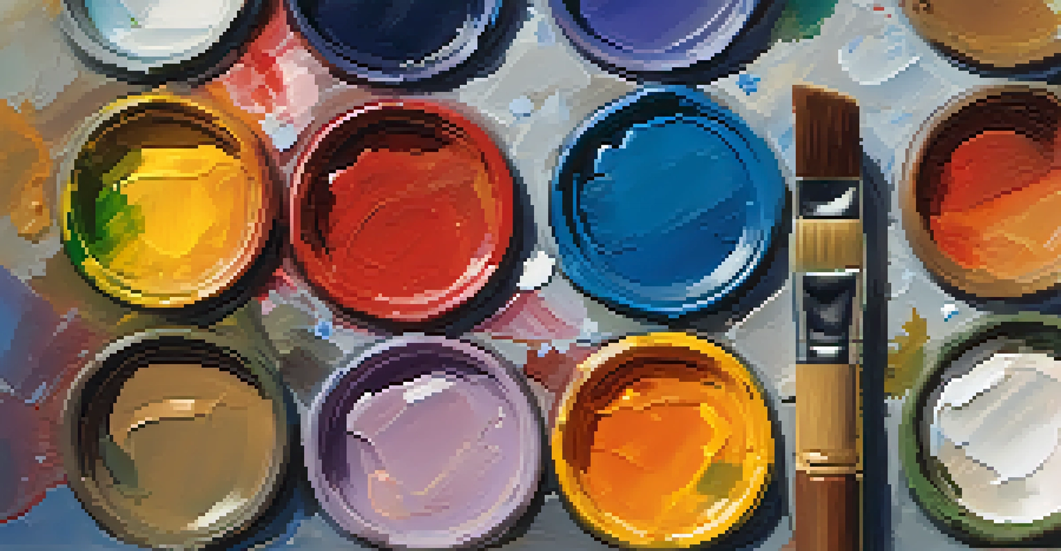 A close-up of an artist's palette with vibrant oil paints blending together and brushes resting beside it.