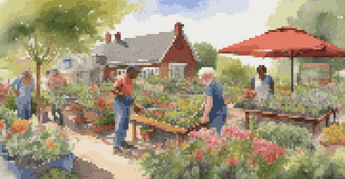 A community garden with people of various ages working together, watering plants, and sharing tools in warm sunlight.