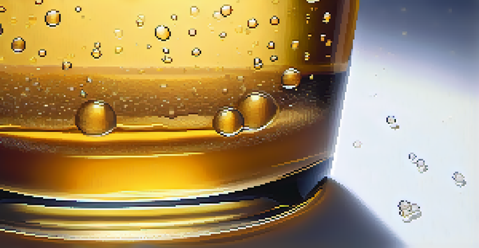 A close-up view of a fermentation vessel filled with golden beer, showcasing yeast bubbles and condensation on the glass.