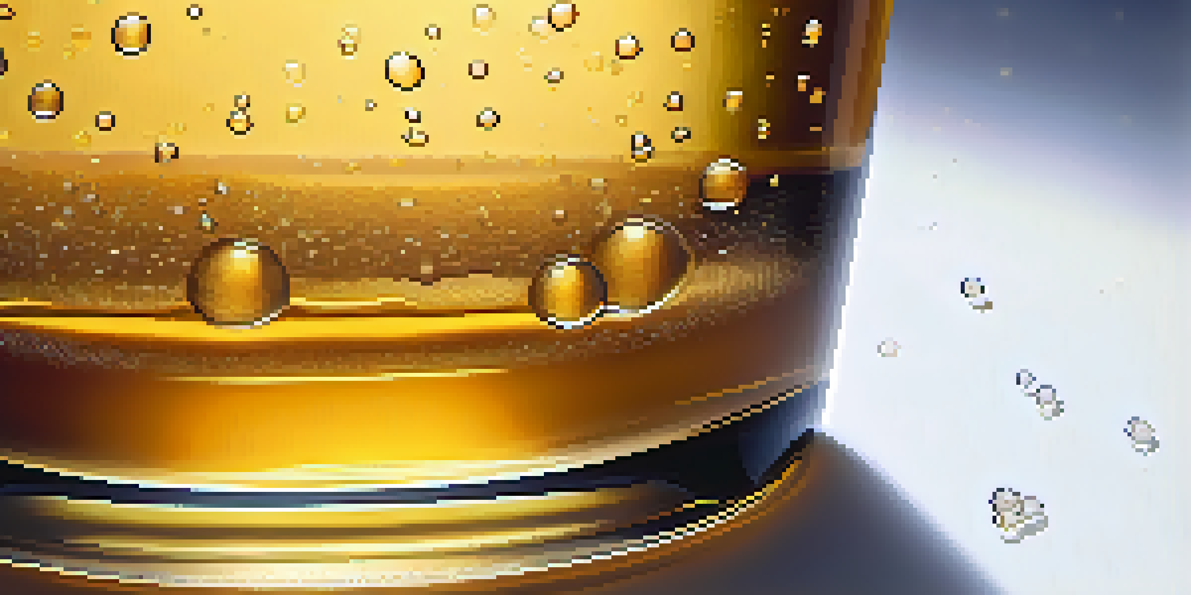 A close-up view of a fermentation vessel filled with golden beer, showcasing yeast bubbles and condensation on the glass.