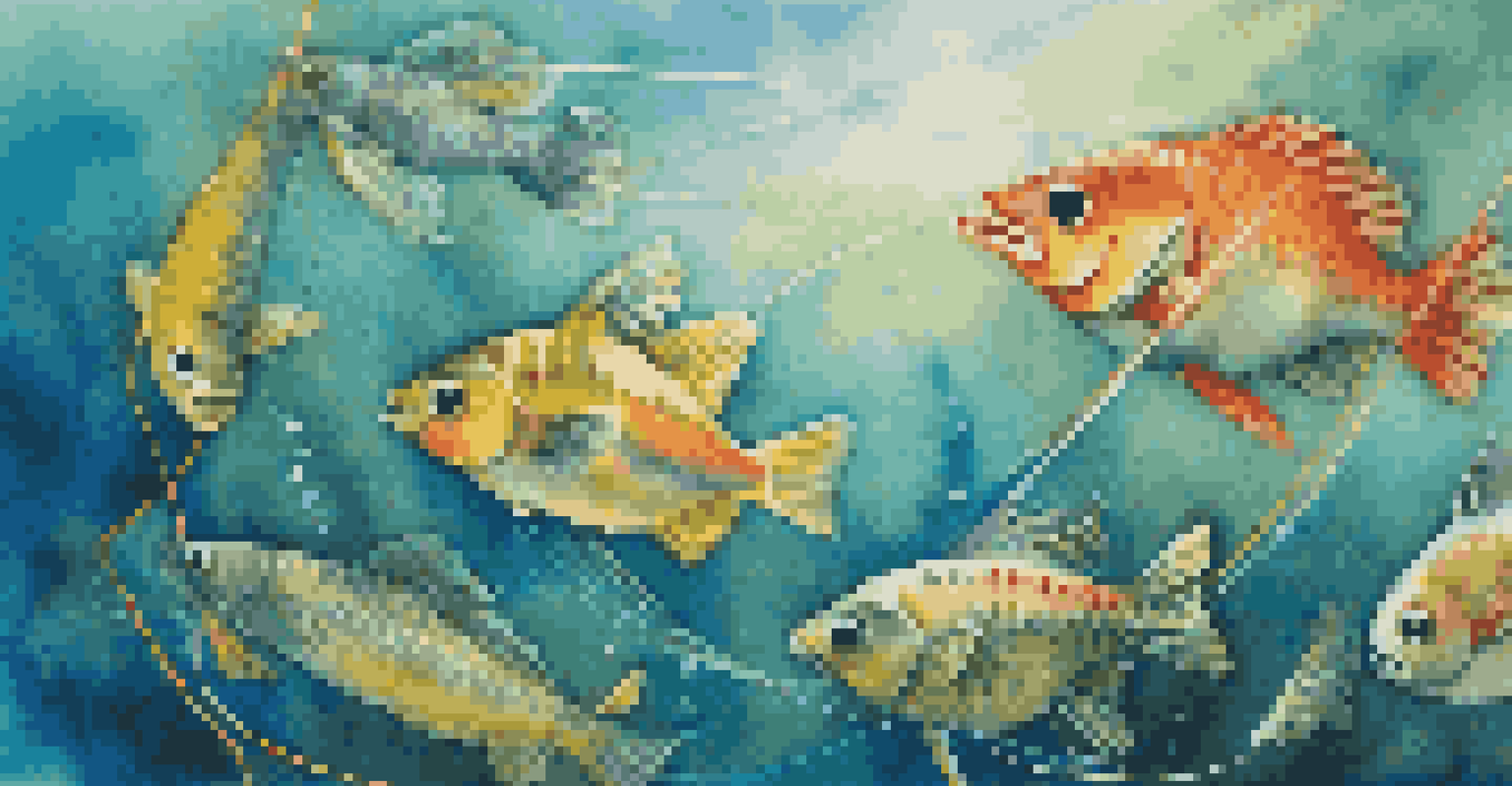 An underwater scene showing a Loop Knot connecting a colorful lure to a fishing line with fish swimming around.