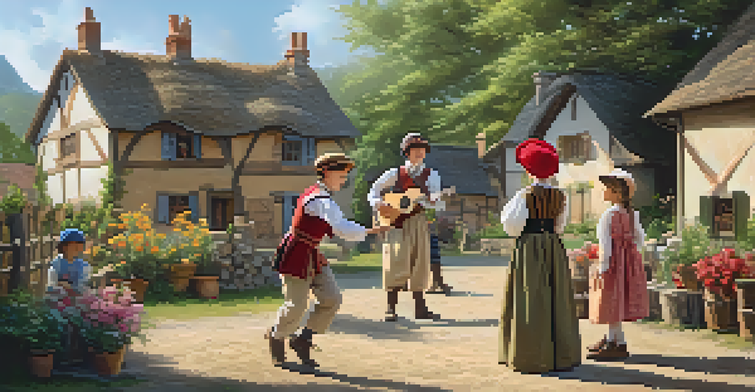 Children in period costumes joyfully role-playing in a historical village, surrounded by charming cottages and blooming flowers.