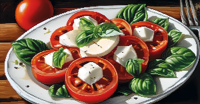 A colorful Caprese salad with tomatoes, basil, and mozzarella on a rustic wooden table.