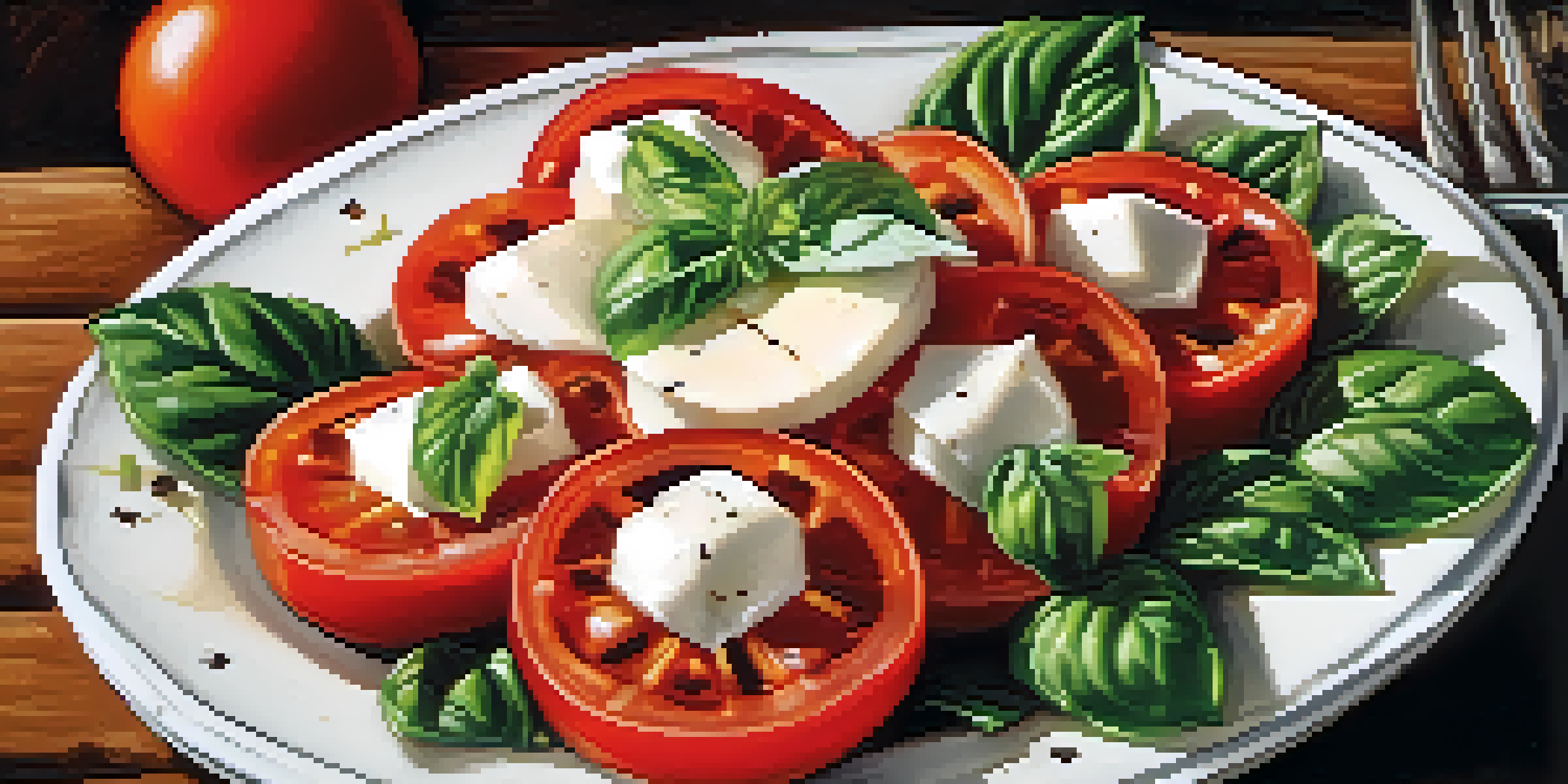 A colorful Caprese salad with tomatoes, basil, and mozzarella on a rustic wooden table.