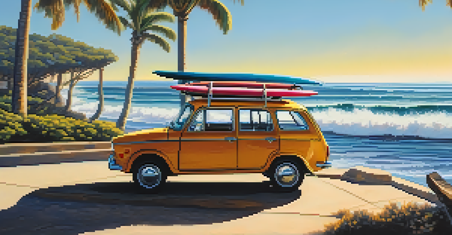 A car parked by the coast with surfboards on the roof rack, showcasing a beautiful ocean view.