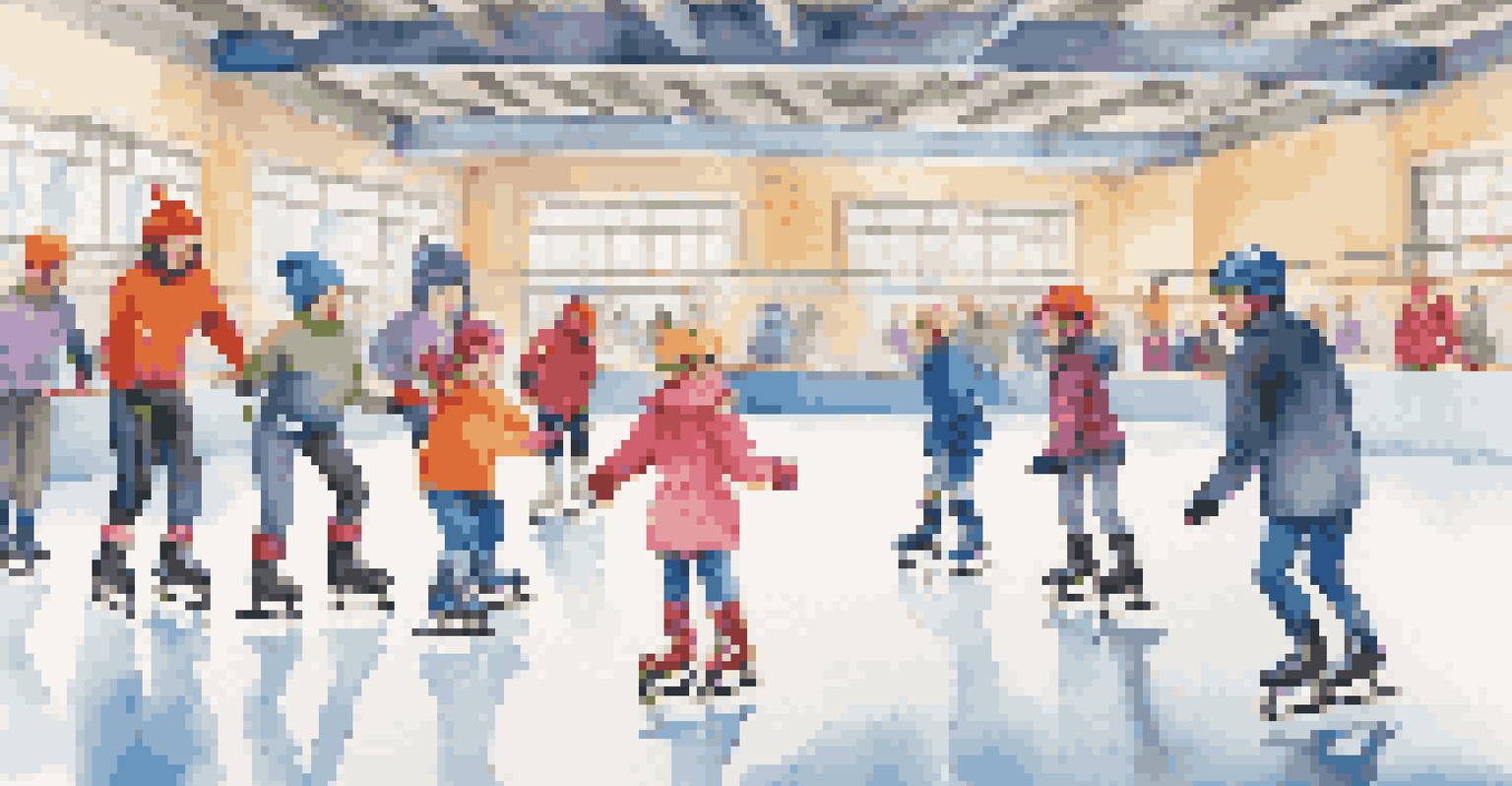 Beginners ice skating with an instructor in a bright rink, showcasing their concentration and safety gear.