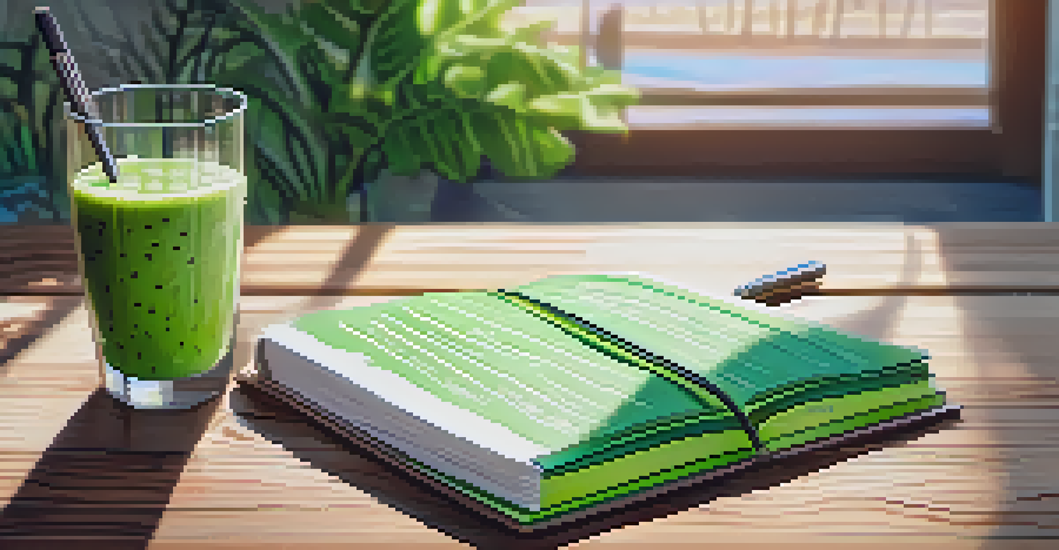 A fitness journal filled with notes and goals on a wooden table, with a green smoothie beside it, illuminated by morning light.